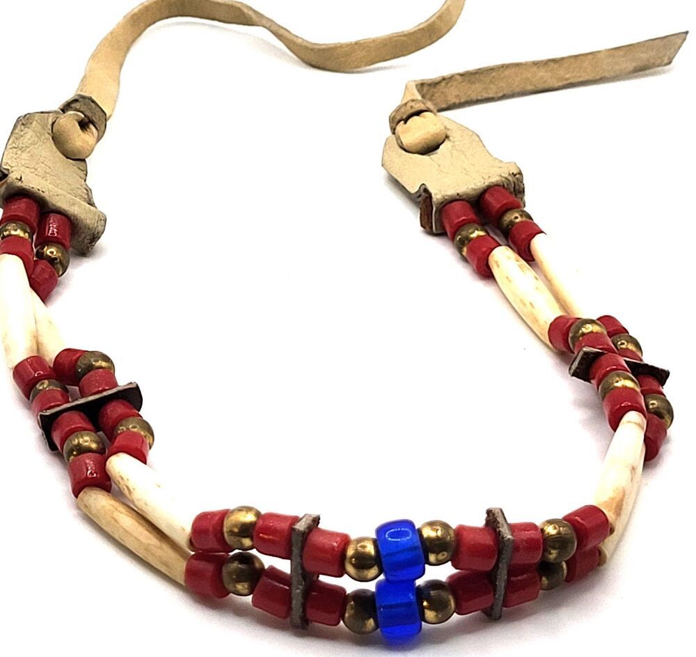 Vintage Native American Suede Bovine Horn Leather Brass Beaded Plains Choker 23"